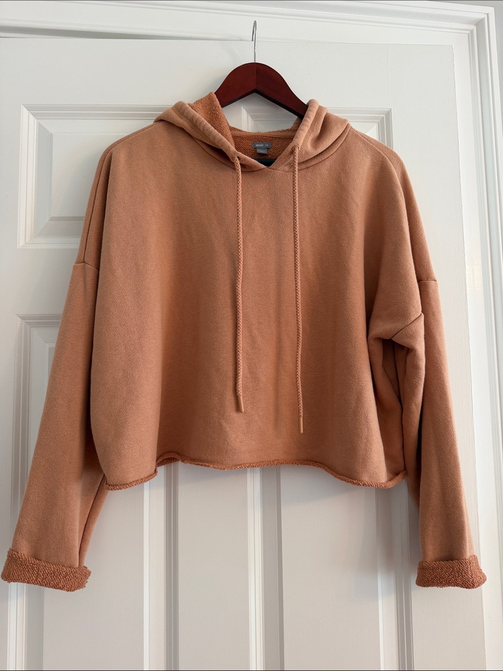 Aerie Cropped Hoodie Sweatshirt Women’s Large Light Brown Raw Hem